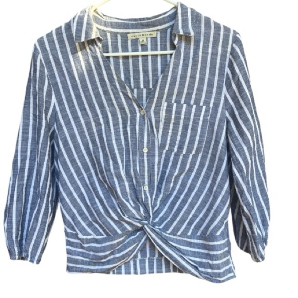 Haute Monde 100% Cotton Blue Collared Front Tie Striped Button Down Shirt‎ Sz. M